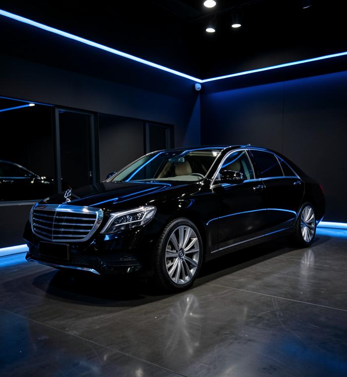 Luxury black sedan detailed in a dark studio