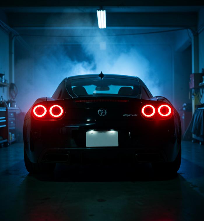Rear of a premium sports car in a detailing bay