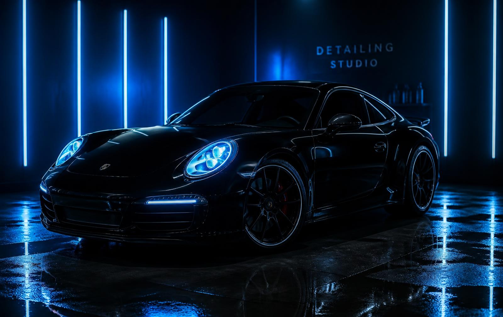 Freshly detailed black luxury sports car in a blue-lit studio