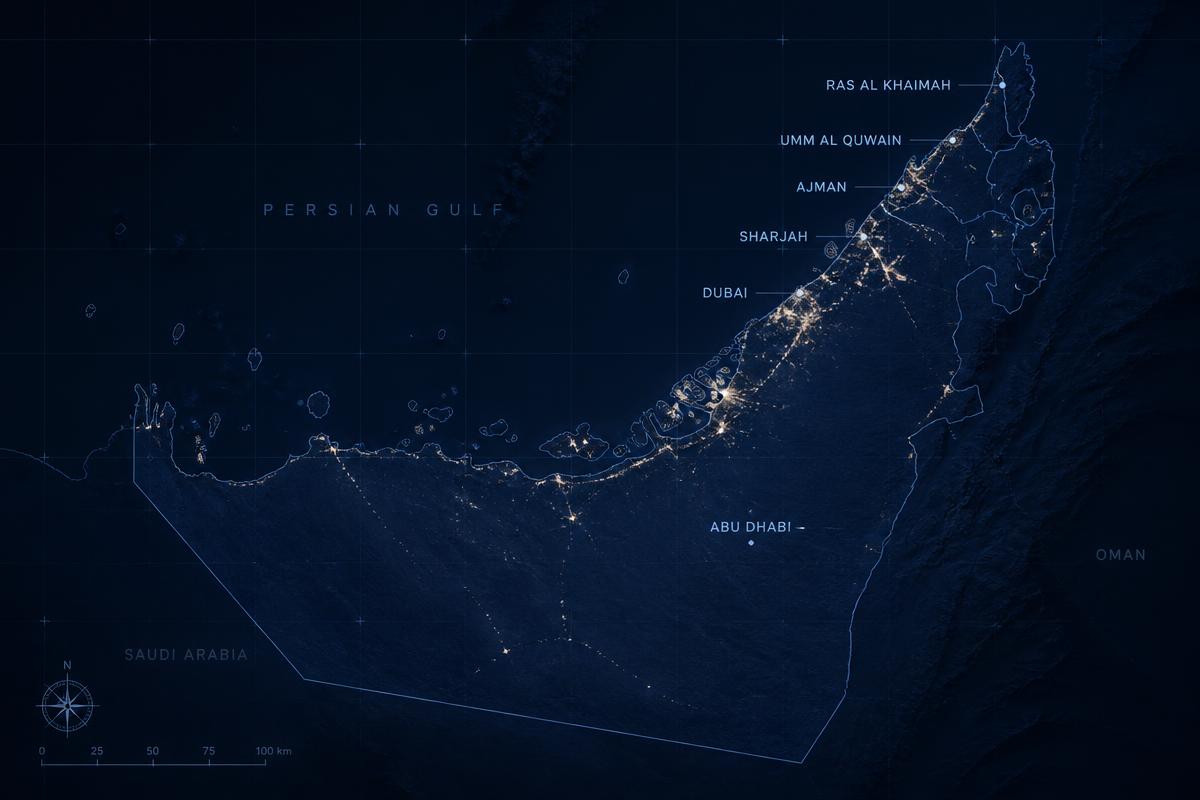 Dark map of the United Arab Emirates with the VEXA studio marked in Dibba Al-Fujairah